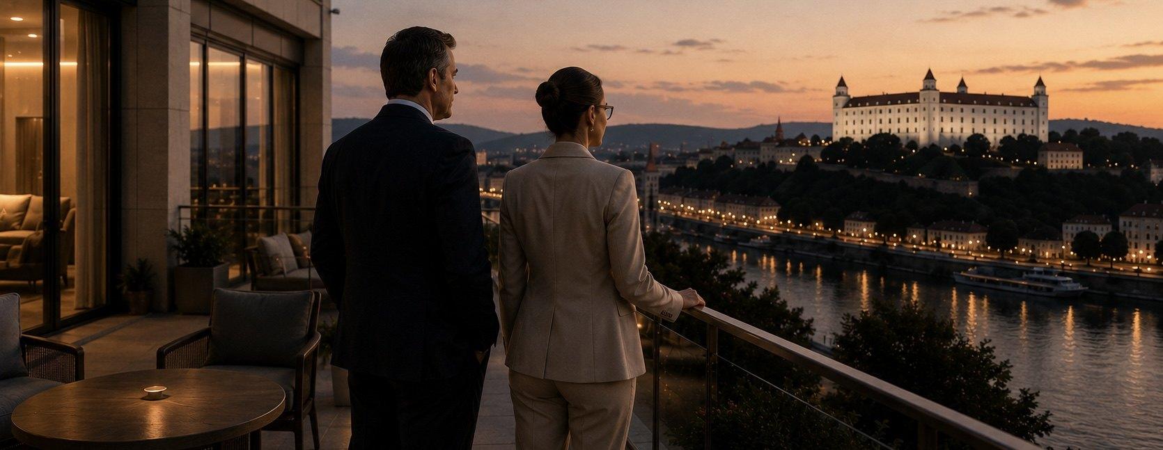 Couple on a terrace overlooking Bratislava Castle